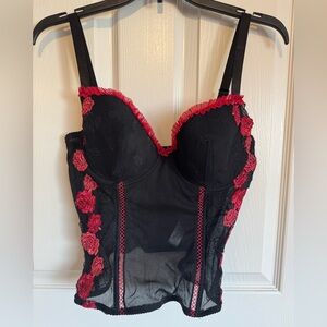 Vintage Delta Burke Black Bustier with Red Floral Lace Trim Y2K size 1X